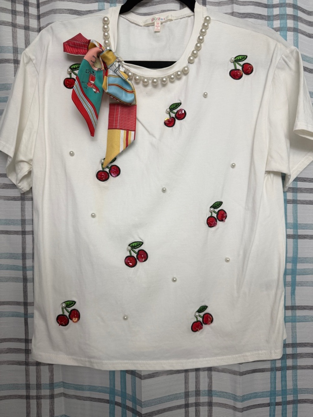 Pastels White Tee with Red Cherry Appliqués and Pearl Trim